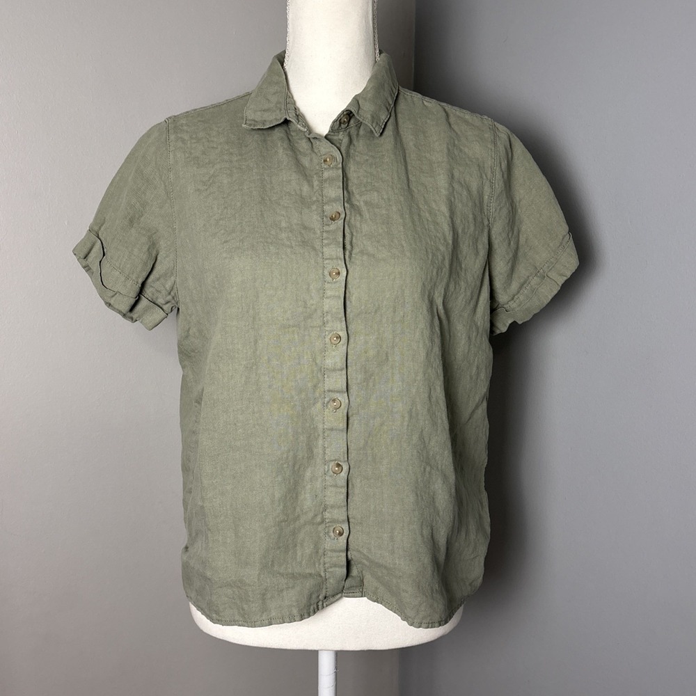 SIGRID OLSEN 100% Linen Olive Green Button Up Top Blouse Shirt Size Medium